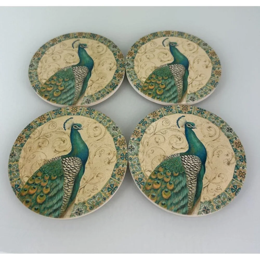 Daphne B Peacock Bird Round Coasters Teal Scrolls Bordered Elegant Pretty (4)